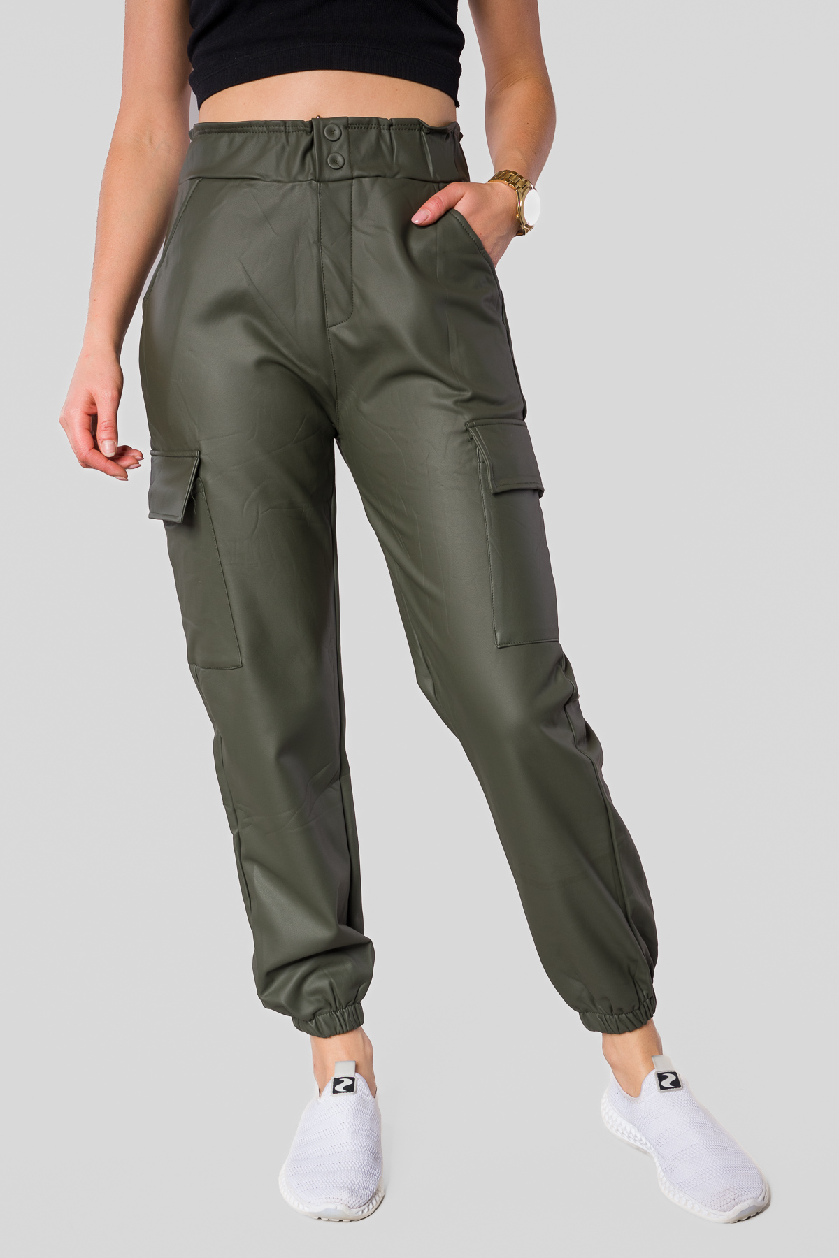 Dámske koženkové joggery/jemne zateplené - khaki