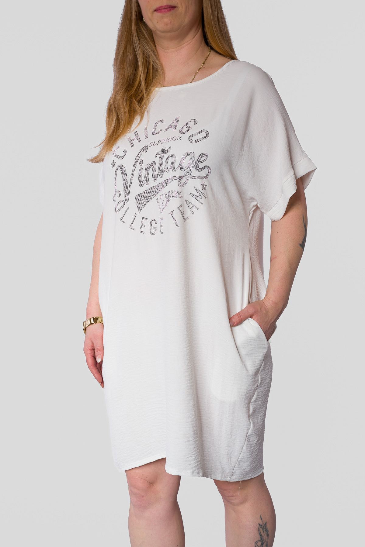 Dámske šaty aplikácie/vrecká CHICAHO VINTAGE - biele