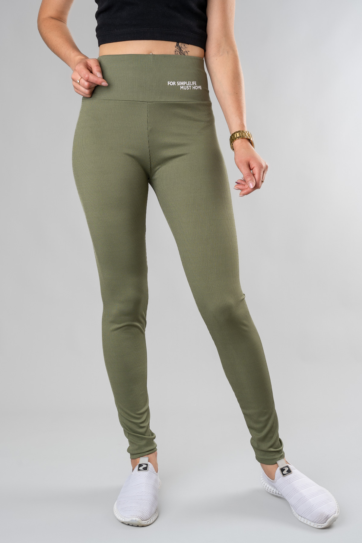 Pruhované legíny/vysoký pás SIMPLE - khaki