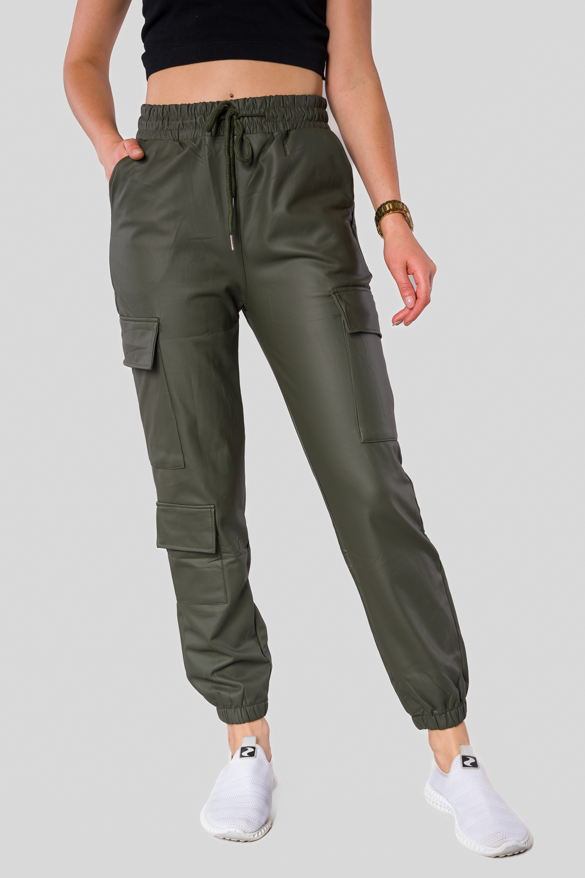 Dámske koženkové tepláky/jemne zateplené - khaki