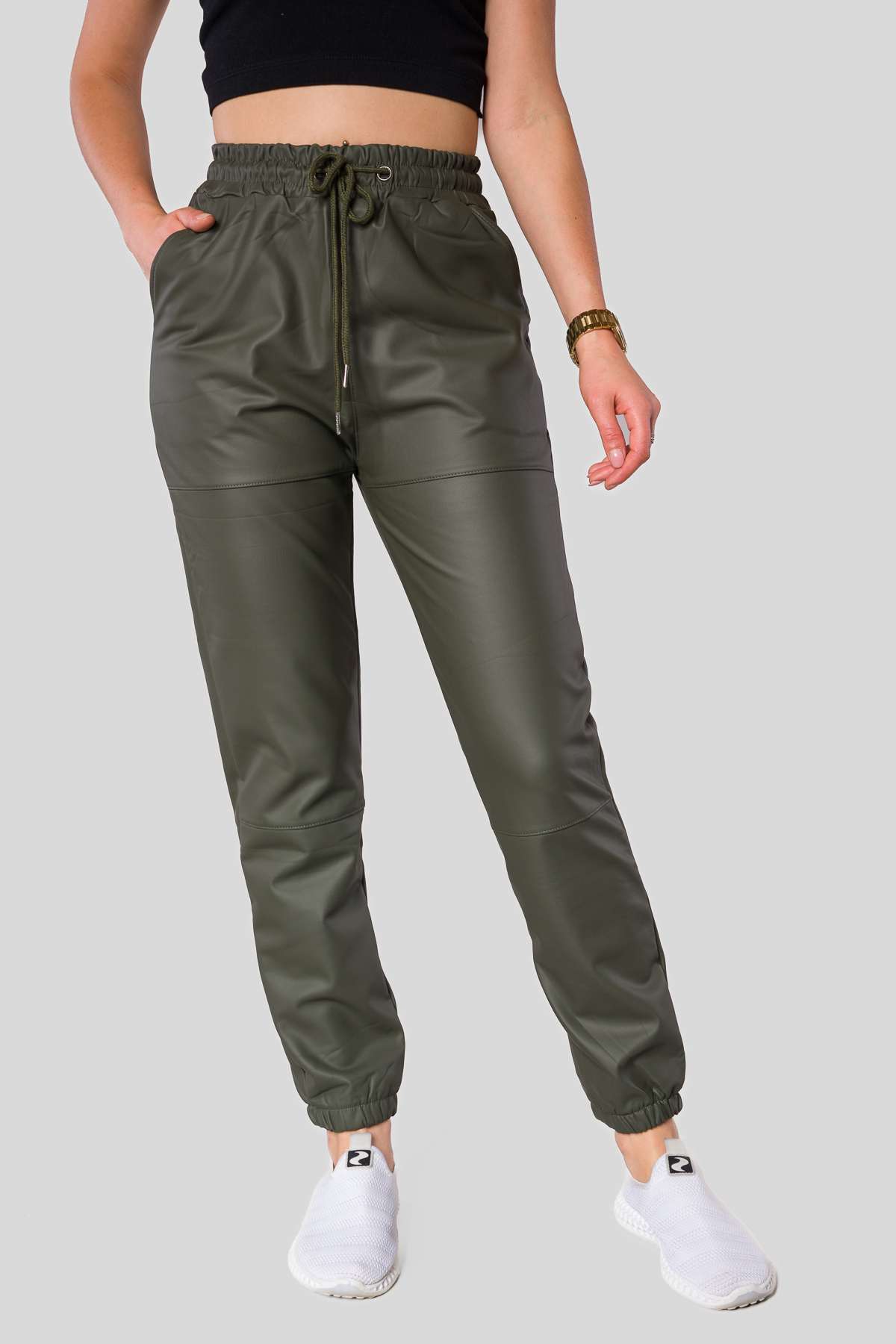 Dámske koženkové tepláky/jemne zateplené - khaki
