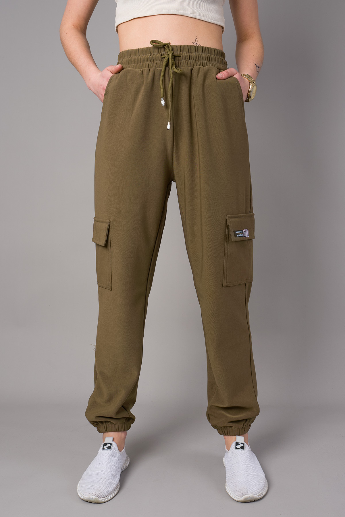 Dámske kapsáčové tepláky BRAND - khaki