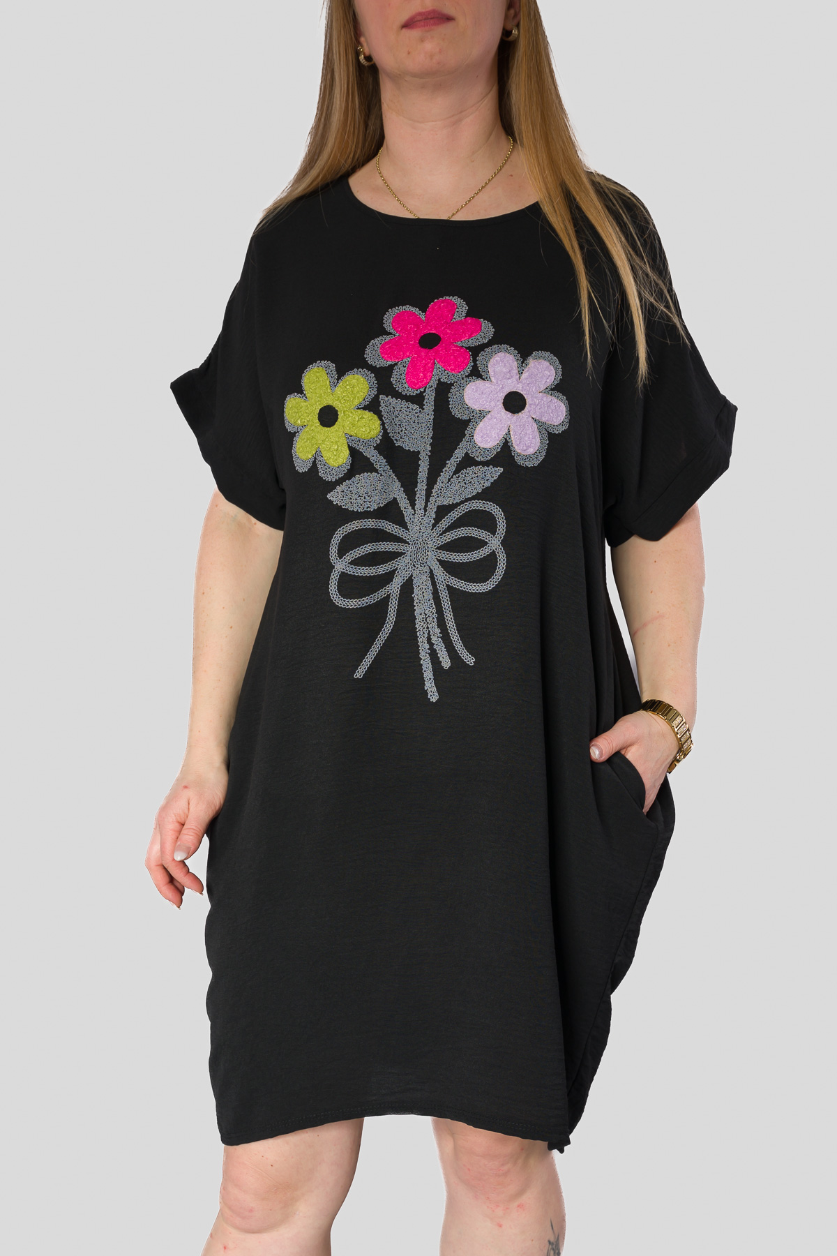 Dámske šaty s vreckami FLOWERS - čierne