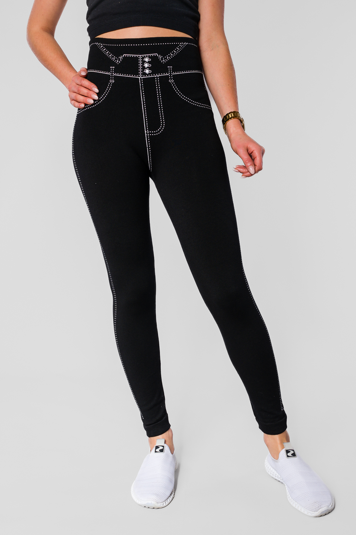 Zateplené čierne legíny PANTS - biele